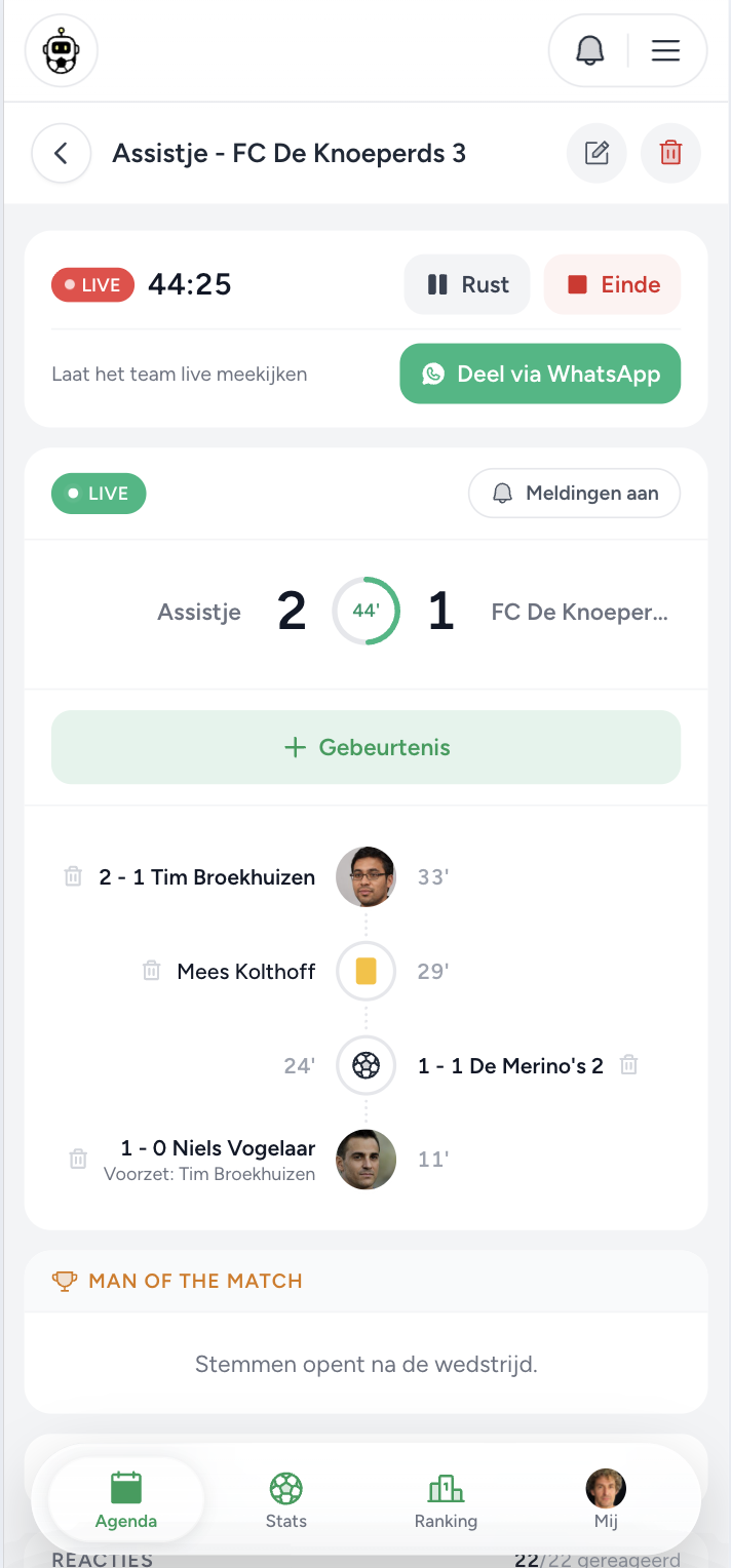 Live wedstrijd in de Assistje-app